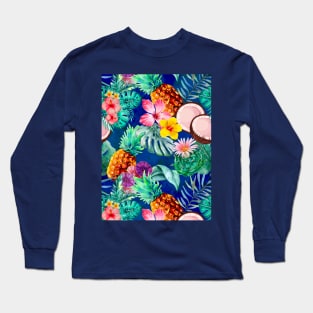 tropical pineapple exotic botanical illustration with floral tropical fruits,botanical pattern, blue fruit pattern over a Long Sleeve T-Shirt